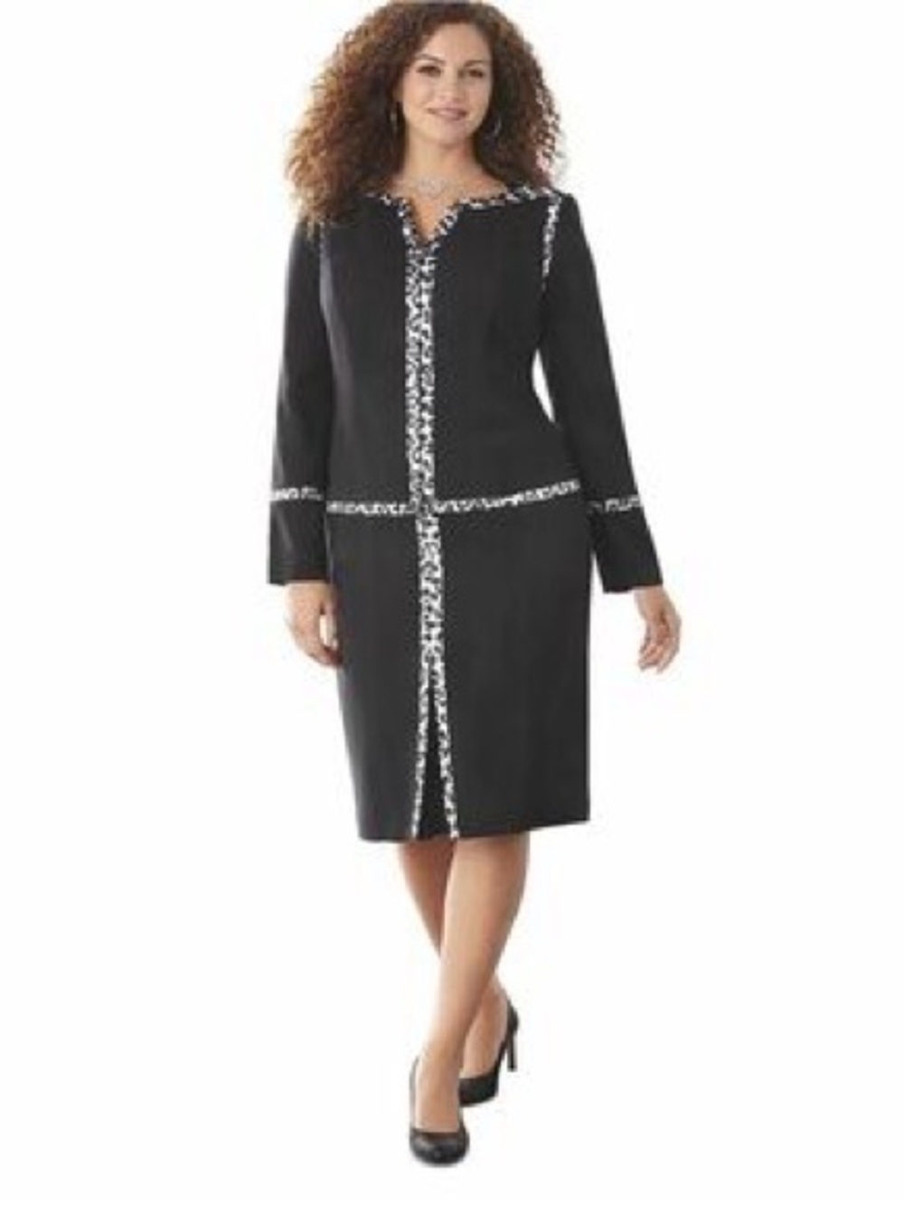 Midnight Velvet Black Jacket and Skirt Set with White Animal-Print Trim